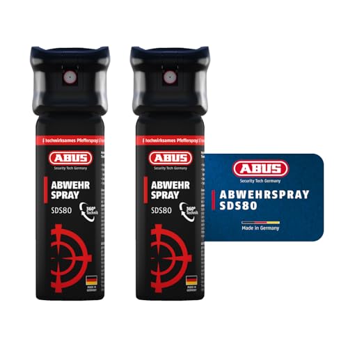 ABUS Abwehrspray SDS80 zur Tierabwehr, 2er Set – hochwirksames Pfefferspray zur Selbstverteidigung bei Tierangriffen – mit Jet-Sprühstrahl für bis zu 5 Meter Reichweite – funktioniert auch kopfüber