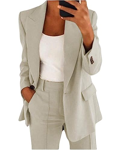 shownicer Hosenanzug Damen Elegant Business Anzug Set Revers Büro Blazer Hose 2-teilig Anzug Zweiteiler Slimfit Festlich Sportlich Streetwear A Beige S
