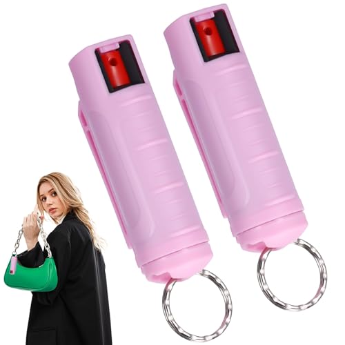Pfefferspray Schlüsselanhänge, 2 Stück Taktische 20-ml-Sprühflasche zum Aufhängen im Freien mit Versiegeltem, Auslaufsicherem Verschluss für Frauen, Kinder, Männer (Rosa)
