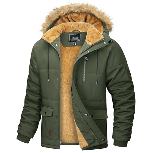 MAGCOMSEN Herren Wintermantel Parka Warme Outdoorjacke Fleece Winddicht Kapuzenjacke Herren Gefüttert Arbeitsjacke Verdickt Übergangsjacke Wandern Trekkingjacke mit Multi Taschen Armeegrün M