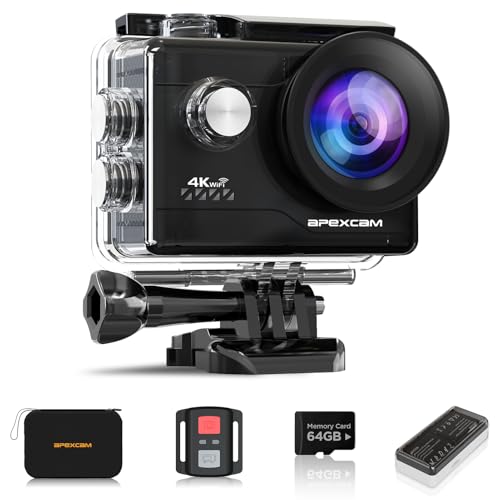 Apexcam M80Air mit 64G Karte Action Cam 4K60FPS 64MP WiFi Sportskamera Unterwasserkamera 40m Wasserdicht EIS Stabilisierung 8X Zoom 2.4G Fernbedienung 2x1350mAh Akkus mit Zubehör-Set