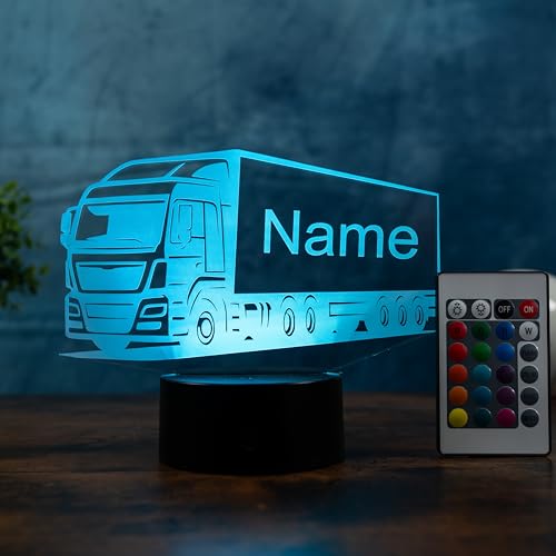 Personalisierte LKW Lampe – LED Nachtlicht mit Name & Gravur – Geschenkidee für LKW-Fahrer & Kinder – dimmbare Tischlampe mit Farbwechsel & Fernbedienung – Truck Deko fürs Wohnzimmer & Kinderzimmer