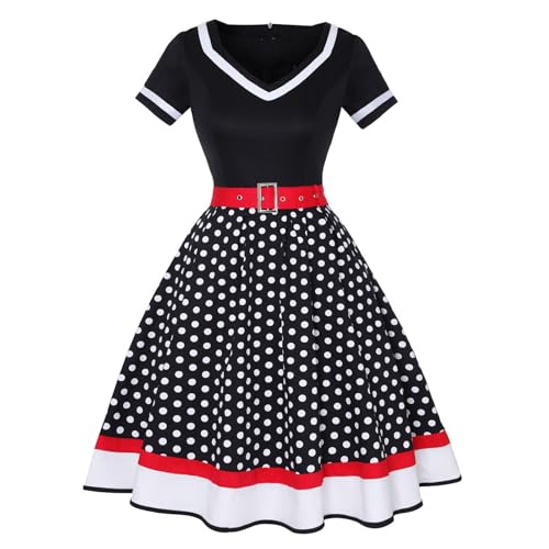 DRALOFAO Rockabilly Kleider Petticoat Kleid 50er Jahre Mode Vintage Rockabilly Kostüm Damen Kurzarm Polka Dot Swing Coctailkleid Hochzeit Festlich Knielang Kleid