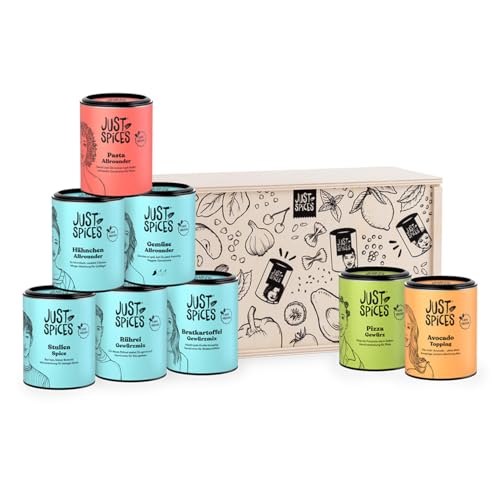 Just Spices Top 8 Gewürze-Set in Holzbox I 8 verschiedene Gewürzmischungen I Von Frühstück bis Dinner: Einfach lecker kochen I Geschenkset für jeden Geschmack