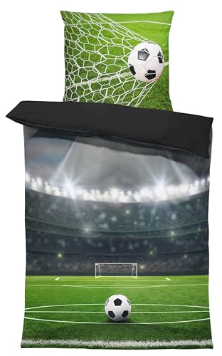Bettwäsche 135x200 cm Mikrofaser Bettbezug Kinderbettwäsche Fotodruck modern weich und kuschelig knitterfrei für Sommer und Winter geeignet, Farbe:Fußball Stadion grün, Größe:2 teilig 135x200 cm