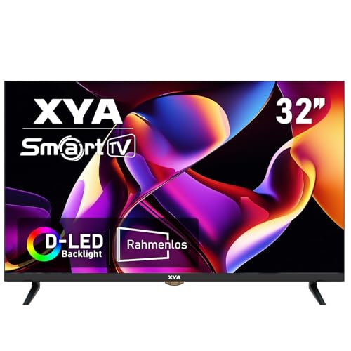 XYA 32 Zoll HD Smart TV, D-LED-Backlight Fernseher, Rahmenloses Design, HDMI、USB、DVB-T2/S2、RJ45 Schnittstellen, Bildschirm für Wohnzimmer, Schlafzimmer und Heimantertainment – Schwarz