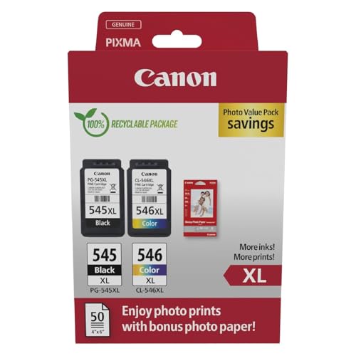 Canon Tintenpatronen & Papier-Multipack - PG-545XL/CL-546XL Original Druckerpatronen 2er Pack (1 x Schwarz, 1 x Farbe) & 4x6 Fotopapier (50 Blatt)