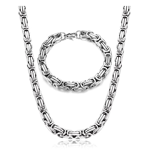 Krfy Kette und Armband Set Herren Edelstahl Königskette Silber 8mm Breite Byzantinische Plattenkette Dicke Schwere Kette Hip Hop Punk Schmuck für Männer Jungen Länge 61cm