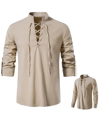 DUOLUVA Mittelalterhemd Herren Leinen Shirt Herren Langarm Karnevalhemden Männer Khaki M