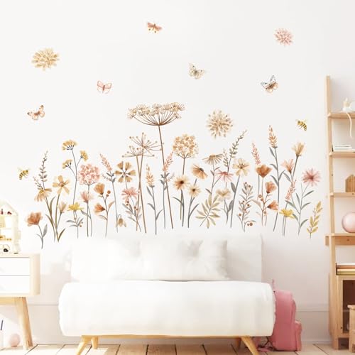 decalmile Wandtattoo Blumen Boho Wandaufkleber Wildblume Löwenzahn Schmetterlinge Wandsticker Schlafzimmer Wohnzimmer Sofa Hintergrund Wanddeko
