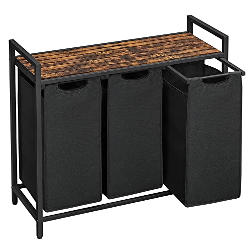 VASAGLE Wäschekorb 3 Fächer, Wäschesammler mit Ablage, Wäschebox, Wäschesack aus Oxford-Gewebe abnehmbar, Metallrahmen, 3 x 40 L, 92,5 x 33 x 72 cm, tintenschwarz-vintagebraun BLH301B01