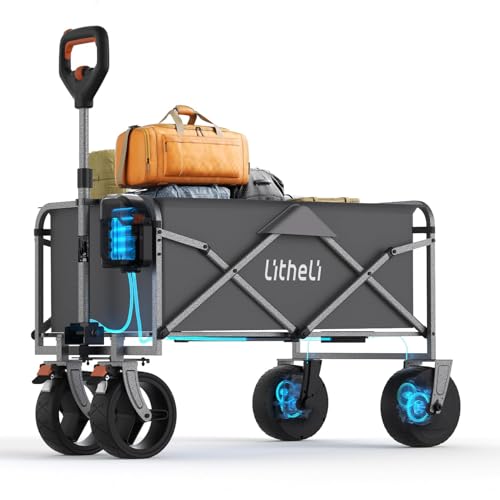 Litheli Outdoor-Wagen Elektrischer Bollerwagen Faltbar, Handwagen Klappbar Doppelmotor mit Bremsen 100L 50KG Belastbar, Faltbollerwagen geeignet für Camping, Garten, Strand, Einkauf Ohne Akku (Grau)