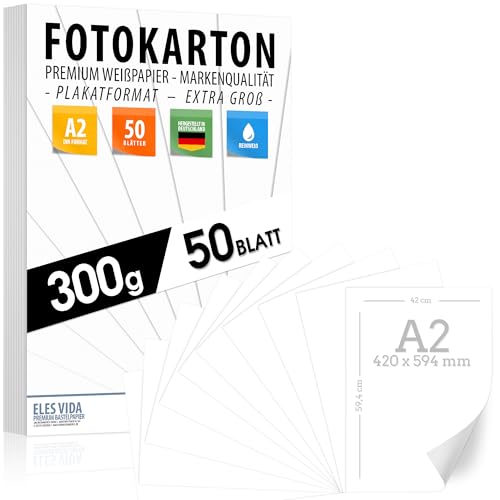 50 Stück - DIN A2 - WEISSER Bastelkarton 300g/m² – PREMIUM PAPIER Reinweiß - 42 × 59,4 cm - Unbedruckt für Fotografie, Präsentationen, Plakate, Basteln, Scrapbooking, Karton - MADE IN GERMANY