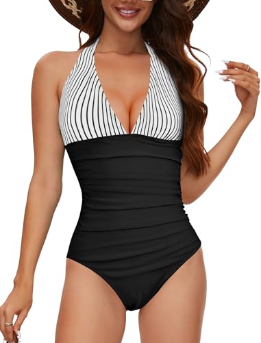 Badeanzug Damen Bauchweg mit Cups shape Push Up Badekleid, Badeanzüge Sexy Monokini V-Ausschnitt Swimsuits For Women, Bademode Shapewear frauen große größe High Waist Schlankheits Raffung Einteilige