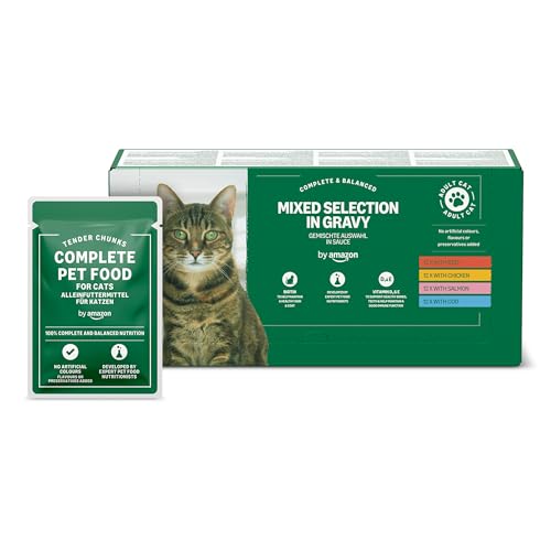 by Amazon Katzenfutter, nass, für ausgewachsene Katzen, Gemischte Auswahl in Sauce, 4.8kg (48 Packungen mit 100g)
