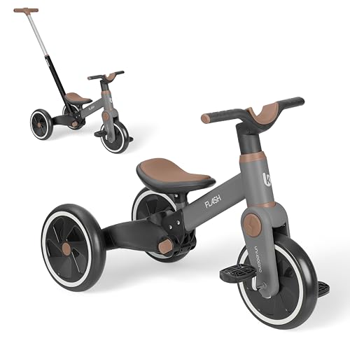 KikkaBoo Flash Dreirad Ab 2 Jahre, 5-in-1 Laufrad Und Dreirad, Umwandelbar Zum Laufrad Oder Fahrrad Ohne Pedale, Mit Verstellbarer Schiebestange, Eva-Räder, Stabiler Stahlrahmen, Grau