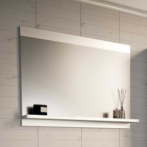 [en.casa] Wandspiegel groß Bad Krildihana Spiegel hängend mit Ablage 60 x 50 x 12 cm Hängespiegel Badspiegel zum Aufhängen Badezimmerspiegel Weiß
