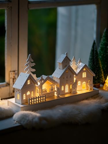 Romadedi Weihnachtsdeko Innen Holz Lichthaus: Led Weiß Weihnachtsdorf Mit Beleuchtung Weihnachtsfeko Holzdeko Aufsteller Weihnachten Fensterbank Kamin Deko Wohnzimmer (Batterien Nicht Enthalten),36cm