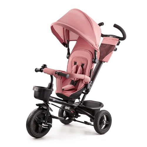 Kinderkraft Aveo Dreirad ab 9 Monate bis 25 kg, Kinderdreirad mit schubstange, Kompakte zusammenklappen, drehbarer Sitz, ausklappbarem Verdeck mit Sonnenschutz, Getränkehalter Korb im Set, Rosa