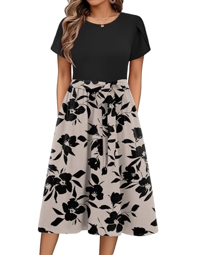 Zeagoo Sommerkleid Damen Elegant Tunika Kleid Blumenkleid Kurzarm Knielanges Swing Kleid Casual A Linie Rundhals Kleid mit Gürtel und Taschen Florale S