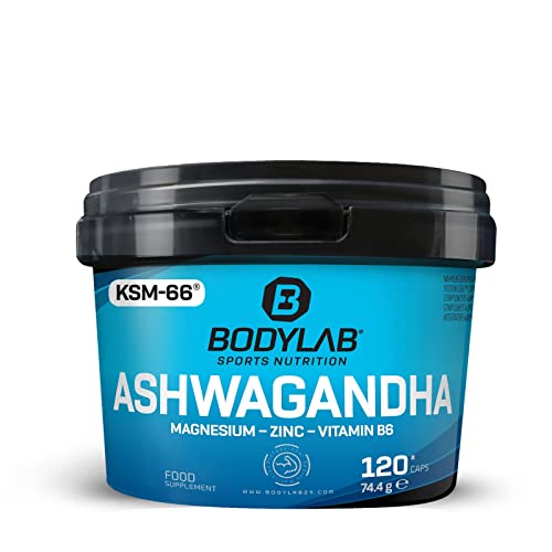 Bodylab24 Ashwagandha Kapseln 120 Stück, fein gemahlenes Ashwagandha Pulver angereichert mit Magnesium, Zink und Vitamin B6, 100% vegan