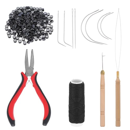 Microring Extensions Echthaar Set, 200 Stück Nanoringe Mit Silikon, Nanoring Extensions Echthaar, Haarverlängerung Echthaar Werkzeuge, Hair Extensions Zubehör Kit (Zange,Ziehnadel, Schlaufeneinfädler)