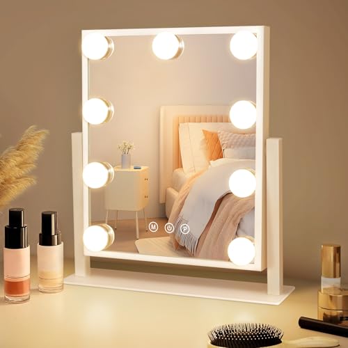 Mursche Schminkspiegel mit Beleuchtung Hollywood Spiegel - Vanity Mirror mit 9 LED Klein Kosmetikspiegel mit Licht 360° Drehung Tischspiegel 3 Modi Schminktischspiegel Touch Dimmbar