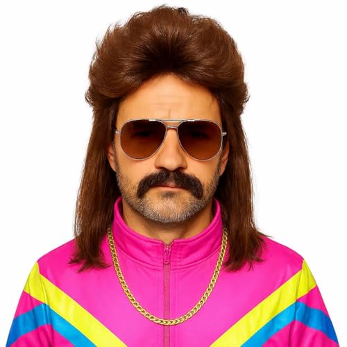 Vokuhila Assi Perücke – Retro Accessoire für Herren, 80er & 90er Kostüm, Neon Outfit, Fasching & Karneval (Braun)