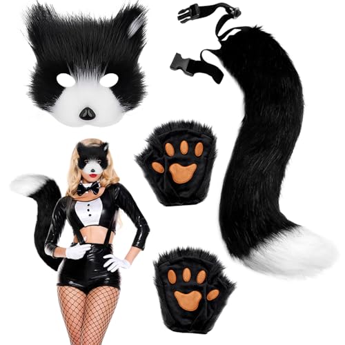 Therian Mask mit Tail Handschuhe, Fuchs Maske Cosplay Kostüm Set, Therian Maske und Schwanz, Tiermasken Furry Mask Set mit Therian Tail, Plüsch Katzenmaske Therian Masken für Halloween Karneval