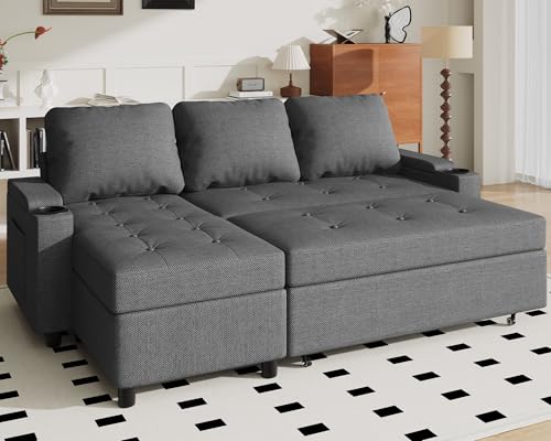 JUMMICO Schlafsofa mit Bettkasten L Form Sofa mit Schlaffunktion 3 Sitzer Couch klein Ecksofa Schlafcouch Ausziehbar Wohnlandschaft für Wohnung und Wohnzimmer Hellgrau