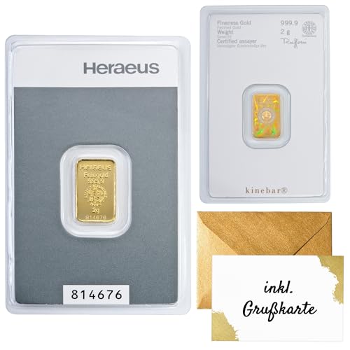 Gold zum Verschenken – Goldbarren 2g Heraeus - Kinebar - inkl. Geschenkverpackung, Grußkarte und Echtheitsgarantie