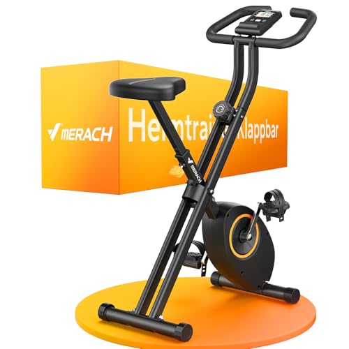 MERACH Heimtrainer Fahrrad Klappbar, Hometrainer Fahrrad mit LCD Monitor, Magnetisches Ergometer Heimtrainer mit Bequemem Sitzkissen, Fitnessbikes für Zuhause, Platzsparend, 136KG