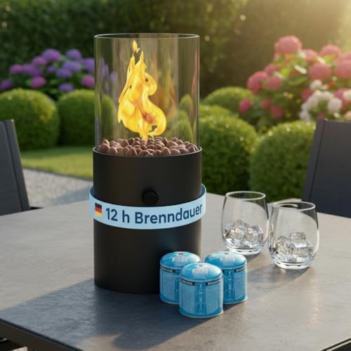 TOM Innovation XXL Gas Tischkamin - 12 Stunden Brenndauer für Indoor & Outdoor – Tisch Kamin Set – Tischfeuer mit Deko-Steinen – Plus 3X 190 g Stechgaskartusche