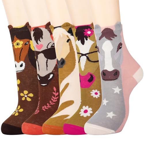 Jeasona 5 Paare Pferde Mädchen Geschenk Socken Damen 35-38 Tiermuster Baumwollsocken Bunte Socken Damen Lustige Weihnachten Geschenke für Frauen