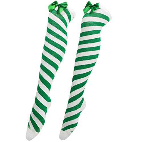 Generisch Weihnachten Schleife Oberschenkel Hohe Lange Strümpfe Überkniestrümpfe Weihnachten Kostüme Socken Kniehohe Lange Gestreifte Strumpfsocken Kindertracht Strümpfe (Green, One Size)
