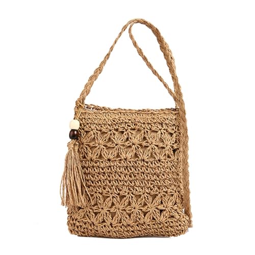 ChAusa Hippie Tasche Strandtasche Damen Sommer Urlaub Strandtasche mit Fransen aus Stroh Gehäkelte Tasche Boho Strohtasche Damen Ideal für Strandurlaub Festivals und Sommerpartys(Braun)