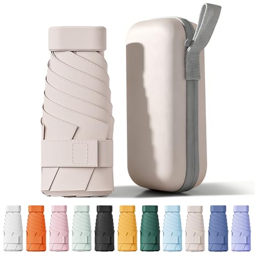 FWHFNB Regenschirm,6 Rippen Mini Regenschirm,Tragbarer Reiseschirm mit Kapselhülle,UV-Schutz,kleiner kompakter,für Erwachsene Kinder (Beige)