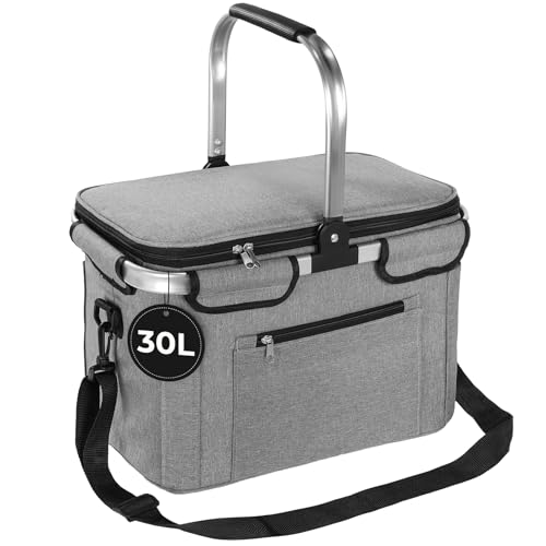 OUSFOT Einkaufskorb, 30L Picknickkorb Mutti Korb Faltbar Grau mit Deckel Perfekt für Shopping, Picknicks und Outdoor Aktivitäten