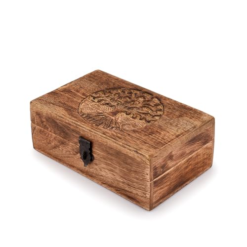 Samhita Handgefertigte Mangoholz Baum des Lebens Gravur Wunderschön Andenken Box Schmuck Organizer Einzigartige Geschenkideen für Männer & Frauen (Flammenarbeit)