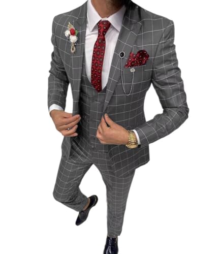 Solovedress Anzüge für Herren 3 Teilig Klassischer Karierter Herrenanzug Sakko Hose Weste für Hochzeiten und Geschäft (Grau,M)