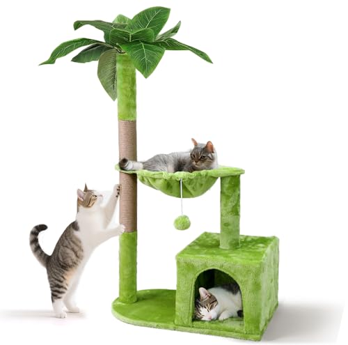Eukue Kratzbaum Set, Katzen Kratzbaum 110 cm hoch, Kratzbaum für Große Katzen Stabil, Hochbelastbar, Katzenbaum, Höhle, Korb Plüsch, Katzenmöbel mit Plüschball für Kätzchen bis zu 10 kg, Grün