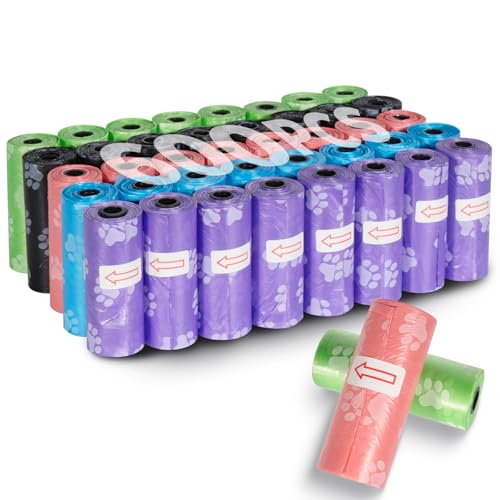 KOMABLEN 600 Stück Hundekotbeutel biologisch Abbaubar, 40 Rollen Kotbeutel für Hunde, Auslaufsicher Hundebeutel Kot, Tragbar Dick Hundetüten Hundezubehör mit Kotbeutelspender 33x22.8cm(5 Farben)