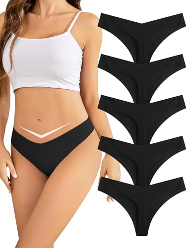 Voenxe String Tanga Nahtlos Damen V-Waist, Niedriger Taille UnterwäSche Slip,Frauen Ohne Naht Unterhosen,Sexy Unsichtbar Panty Mehrpack,Microfaser Atmungsaktiv Women Seamless Thong Underwear, 5er-Pack