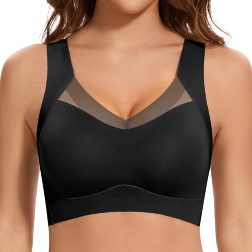 Jiuday Nahtloser BH ohne Bügel Große Brüste Starker Halt Spitze Sport BH Bustier Damen Gepolstert Soft Comfit Bügelloser Push Up BHS Haltungskorrektur Bra Seamless Bralette (Schwarz,L)