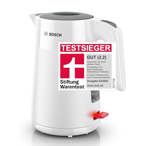 Bosch kabelloser Wasserkocher MyMoment TWK2M161, Abschaltautomatik, Überhitzungsschutz, Tassenanzeige, entnehmbarer Kalkfilter, Trockengehschutz, Dampfstopp-Automatik, 1,7 L, 2400 W, Weiß matt