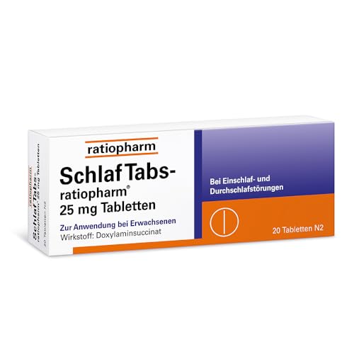 SchlafTabs-ratiopharm 25 mg Tabletten: rezeptfreie Hilfe bei Schlafstörungen mit dem Wirkstoff Doxylaminsuccinat. Unterstützt das Einschlafen und fördert das Durchschlafen, 20 Tabletten