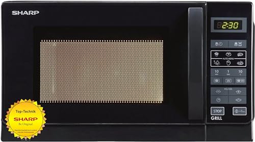 Sharp Freistehend, R642BKW 2-in-1 Mikrowelle mit Grill / 20 L / 800 W / 1000 W Quarzgrill / 8 Automatikprogramme / Timer / Kindersicherung / Energiesparmodus / Glasdrehteller (25,5 cm) / schwarz