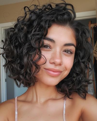 FASHION IDOL Kurze lockige Echthaar-Bob-Perücken für Frauen tragen und gehen Deep Wave Lace Front Perücke C-Teil 12“ Perücke Pre gerupft mit Babyhaar natürlich schwarz 180% Dichte