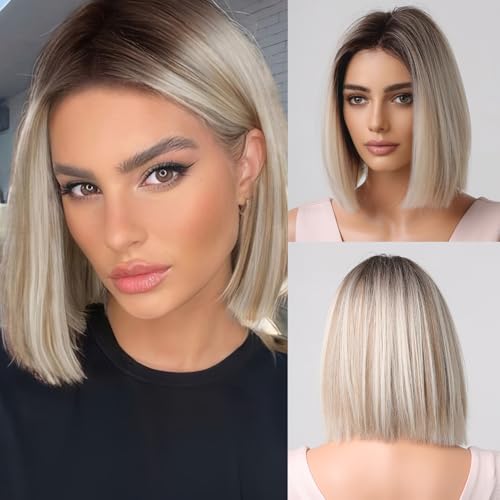 testar Kurze Blonde Perücke Für Frauen 14 Zoll Kurze Gerade Ombre Blondine Perücken Natürliche Echthaar Perücken Synthetische Leimlose Perücken Für Die Tägliche Partykleidung Von Frauen