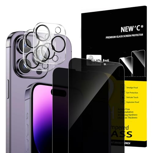 NEW'C 2 x Sichtschutz für iPhone 14 Pro Max für Panzerglas (6,7 Zoll) und 2x Kamera Panzer Schutz Glas Kameraschutz für iPhone 14 Pro Max (6,7 Zoll) -28 Grad verbesserter Sichtwinkel